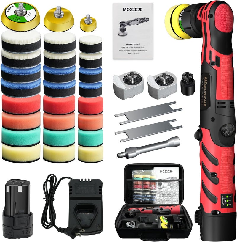 Blycorul Cordless Mini Polisher,1/1.5/2Inch,DA&RO with 11 Variable Speed 2500-6000 RPM,2.3Ah Rechargeable Battery,Red Car Detailing Micro Polisher - Image 1